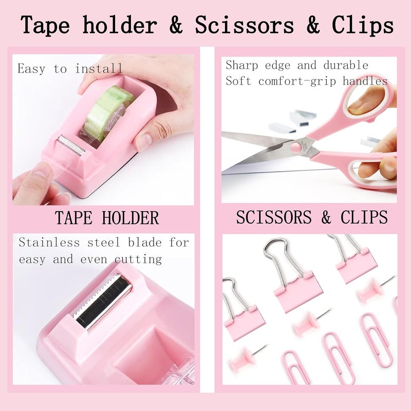 Scindaly Pink Office Desk Accessories Supplies, 12pcs Desk Organizers and Accessories with Tape dispenser and Stapler,Staples,Staple Remover,Pen Holder,Scissor,Ruler,Sticky Tabs,Tape,Ballpoint Pen,Clips Set - Image 4